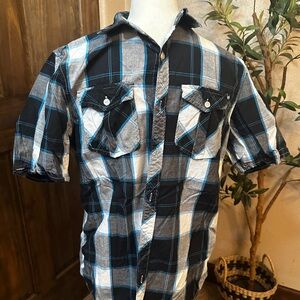 Men Vtg Short Sleeve Shirt, Ocean Current Plaid Blue Grey White Button   S